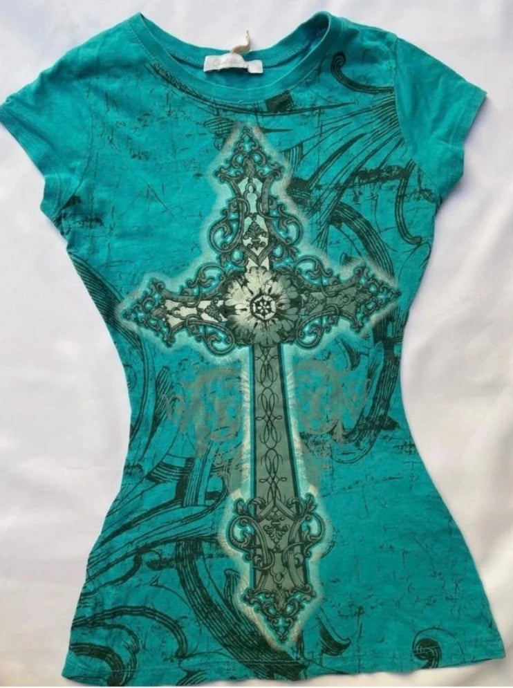 Green Subculture Punk Y2K E-girl Abi American Retro Vintage Cross Print Short-Sleeve Top