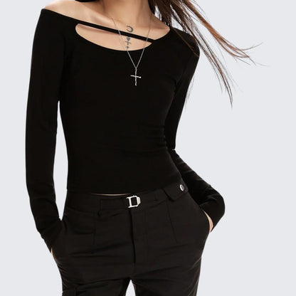 Spring-Autumn Black Off-The-Shoulder Long-Sleeve E-Girl T-Shirt With Slim Fit & Layering-Friendly Design