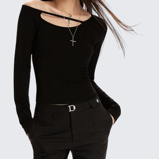Spring-Autumn Black Off-The-Shoulder Long-Sleeve E-Girl T-Shirt With Slim Fit & Layering-Friendly Design