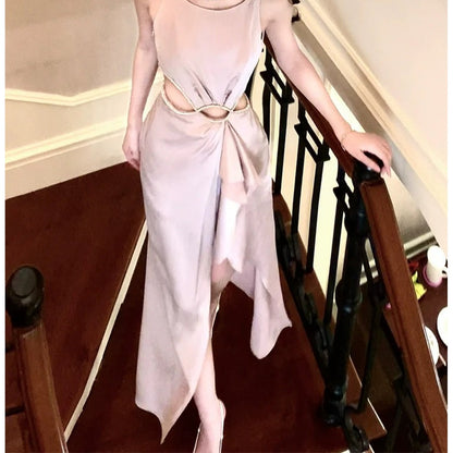 Zirconia Cutout Waist Satin Gown Dress