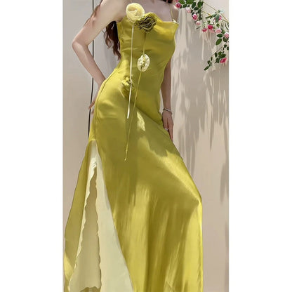 Elegant French Double Layer Draped Slit Spaghetti Strap Gown Dress