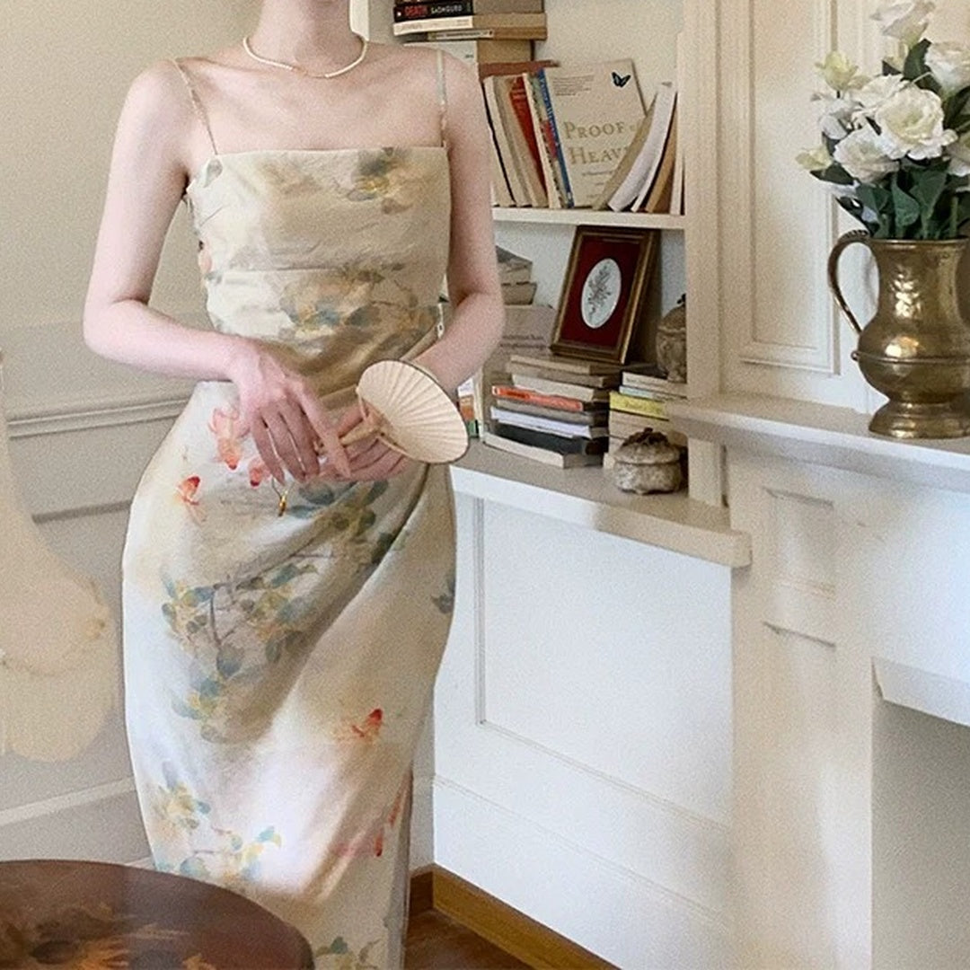 Ink Wash Halter Slit Cheongsam Gown Dress