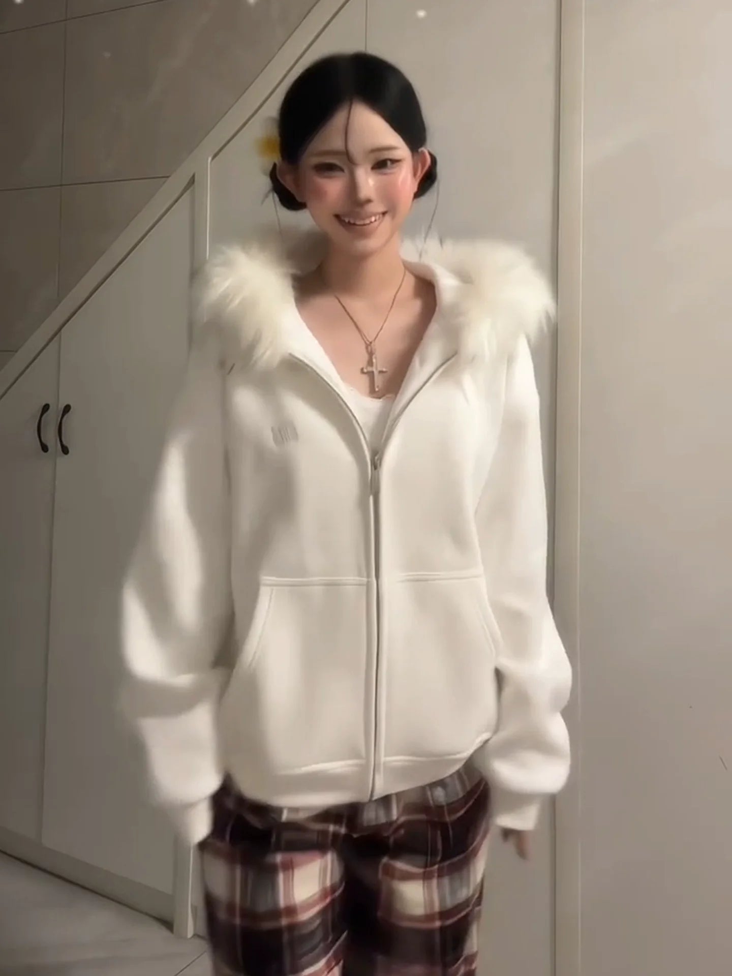 American Vintage Zip-Up Hoodie Fur Collar Heavyweight Outerwear