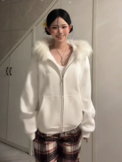 American Vintage Zip-Up Hoodie Fur Collar Heavyweight Outerwear