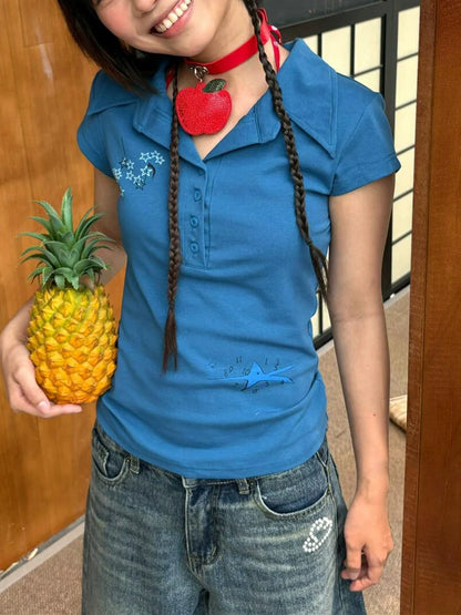 Blue Cropped Polo Shirt Y2K Retro Fitted Short Sleeve Top