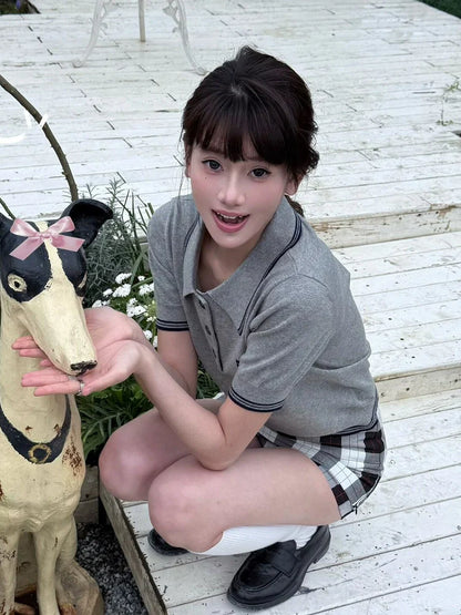 Gray Knitted Polo Tee Summer Short Sleeve Vintage Preppy Top Slim Fit