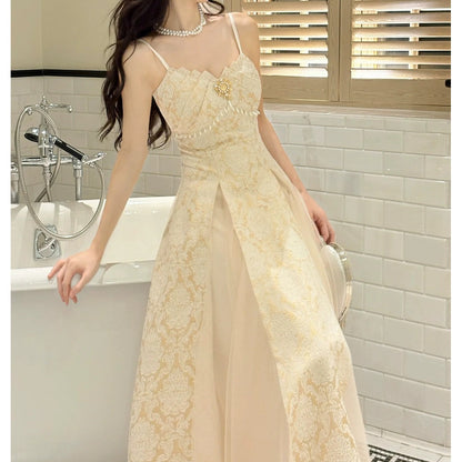 French Printed Spaghetti Strap Fitted Waist Gown Dress