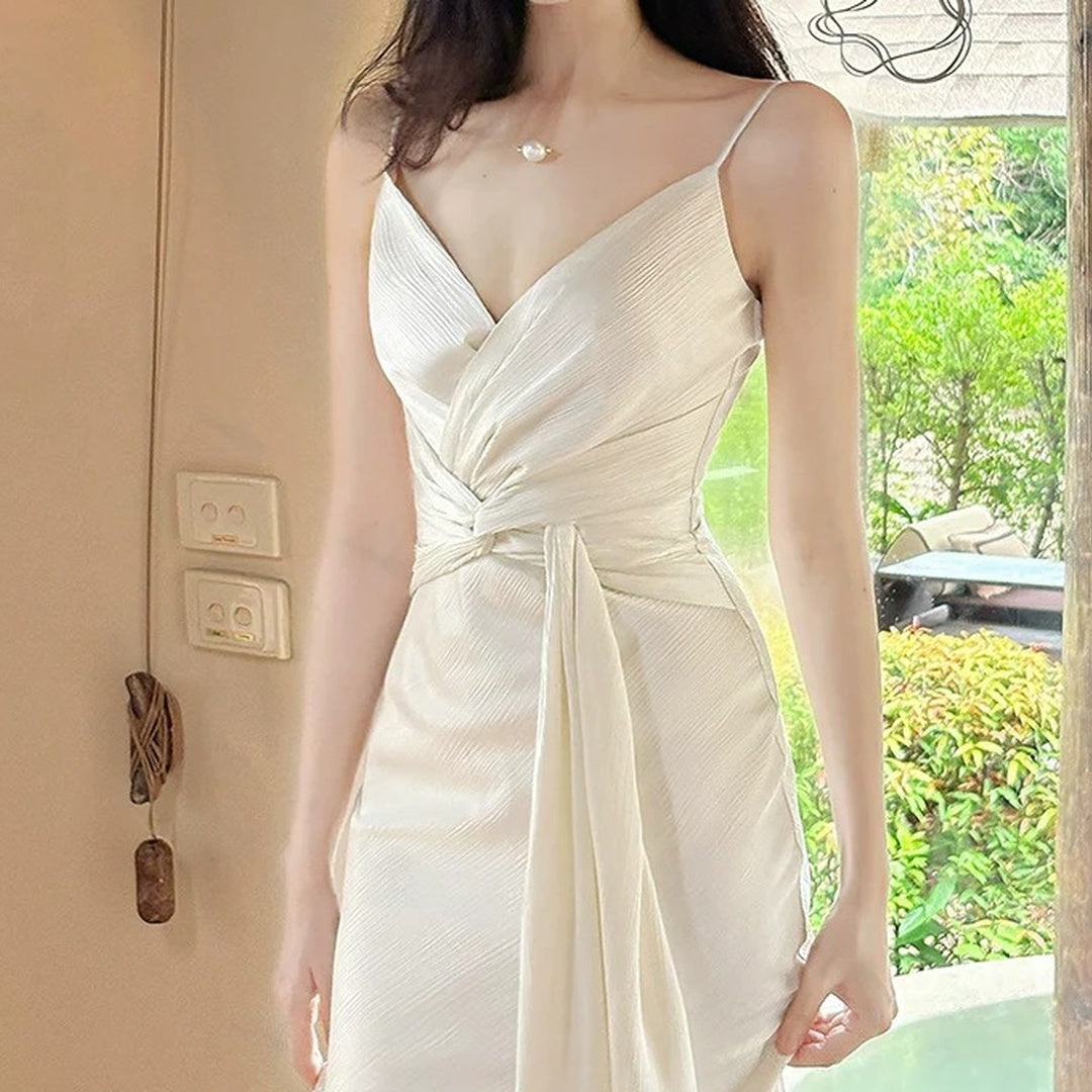 French White Satin Spaghetti Strap Mermaid Gown Dress