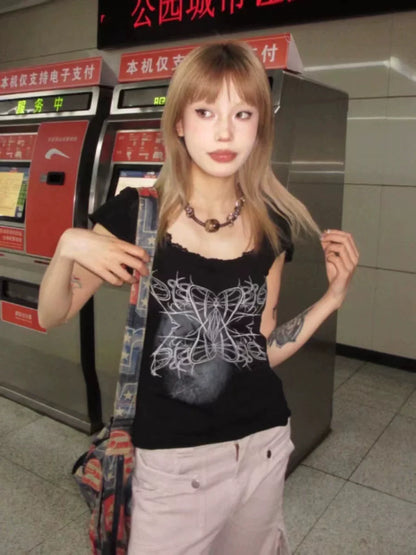 Gray Subculture Y2K E-girl Retro Lace Square-Neck Print Niche Slim-Fit Top