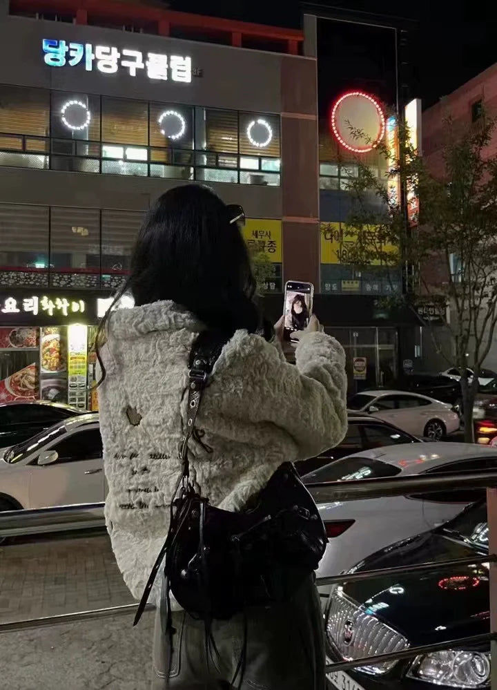 Khaki Subculture Punk Y2K E-girl Lamb Wool Embroidered Retro Moto Short Jacket (Winter)