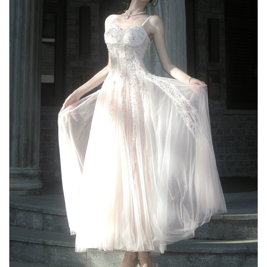 French Pink Chiffon Lace Gown Dress