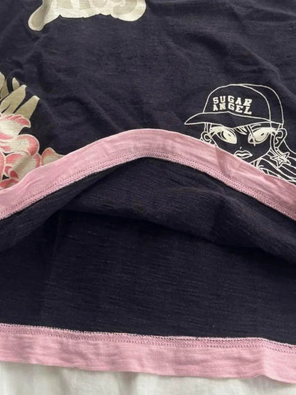 Black Pink Panel Polo Collar Print Y2K T-Shirt