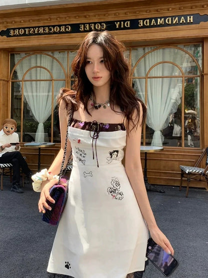 Fun Graffiti Print Lace-Paneled Halter Unique Design Summer Mini Dress