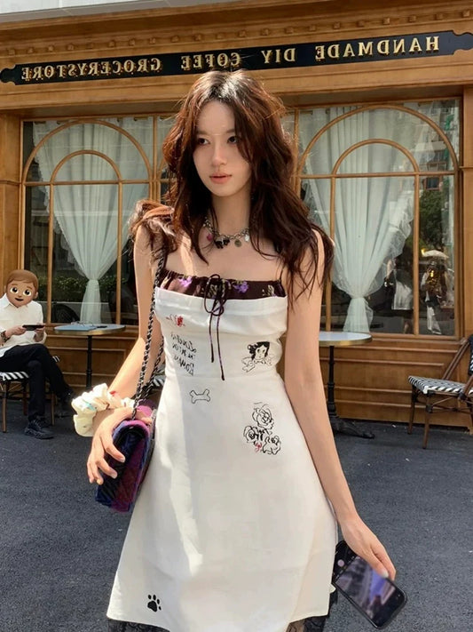 Fun Graffiti Print Lace-Paneled Halter Unique Design Summer Mini Dress