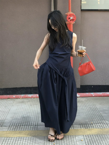 Nautical-Inspired Sleeveless Wrap Midi Dress