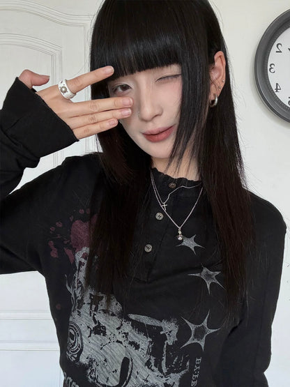 Visual Kei Black Henley Long Sleeve Tee Autumn Vintage Base Top Y2K Streetwear