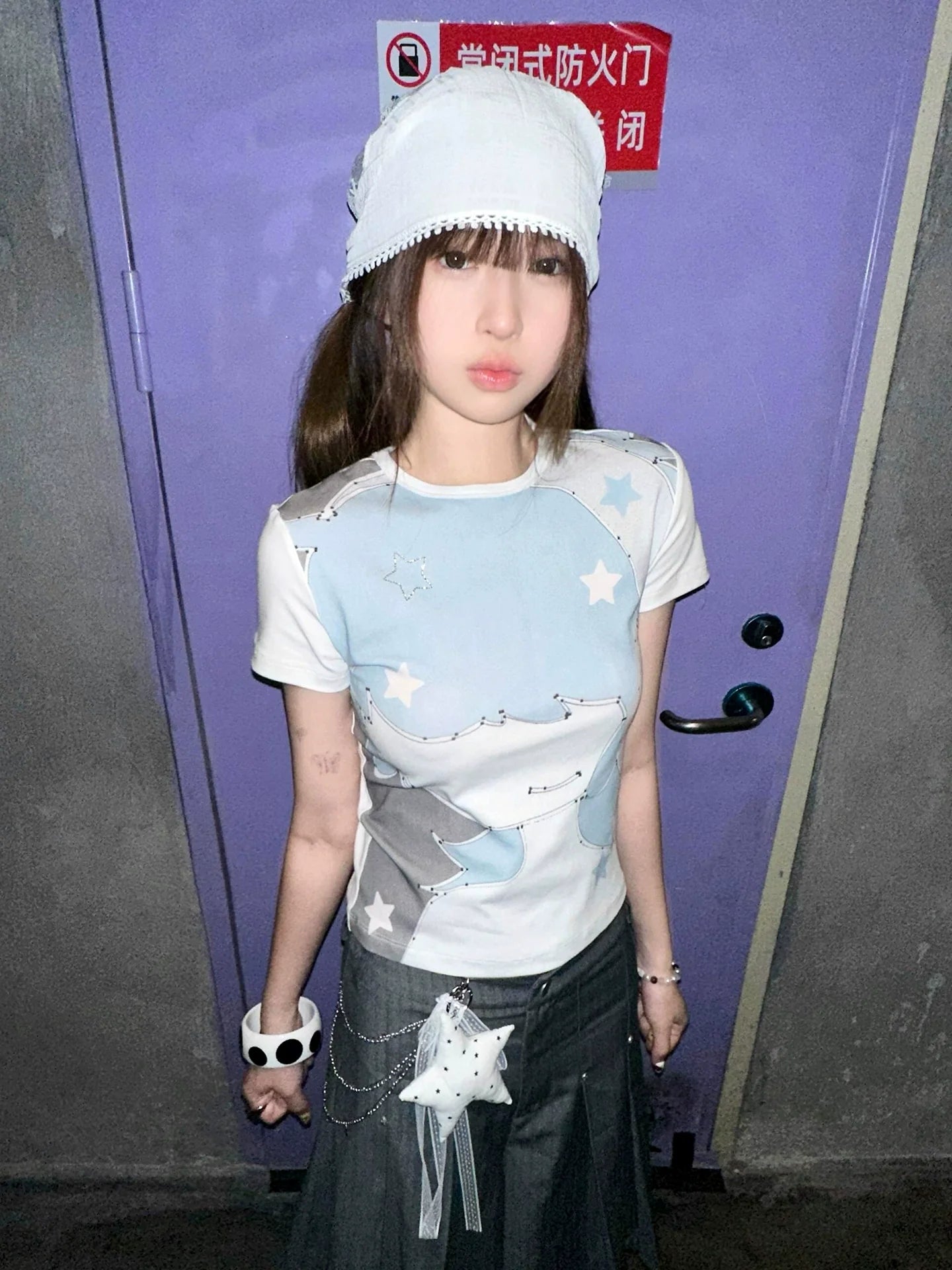 Y2K Straight-Shoulder Tee Star Cartoon Print Fitted Crop Top