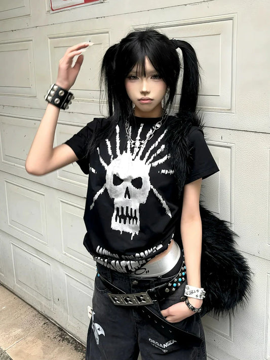 American Y2K Silver Skull Print Tee Black Fitted Short Sleeve Punk Visual Kei Top