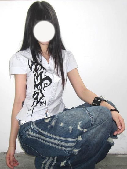 Punk Subculture Printed Short Sleeve Shirt  Fitted Waist Y2K Alternative Top