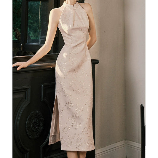 Modern Chinese Pink Jacquard Slit Gown Dress