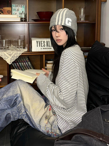 Henley Stripe Long Sleeve Top Autumn Slim Fit Cleanfit