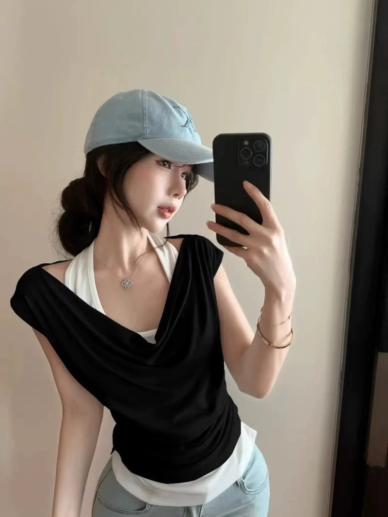 Blue Fake Two-Piece Subculture Y2K E-girl Light Subculture American Retro Fake Two-Piece Short Sleeve Top