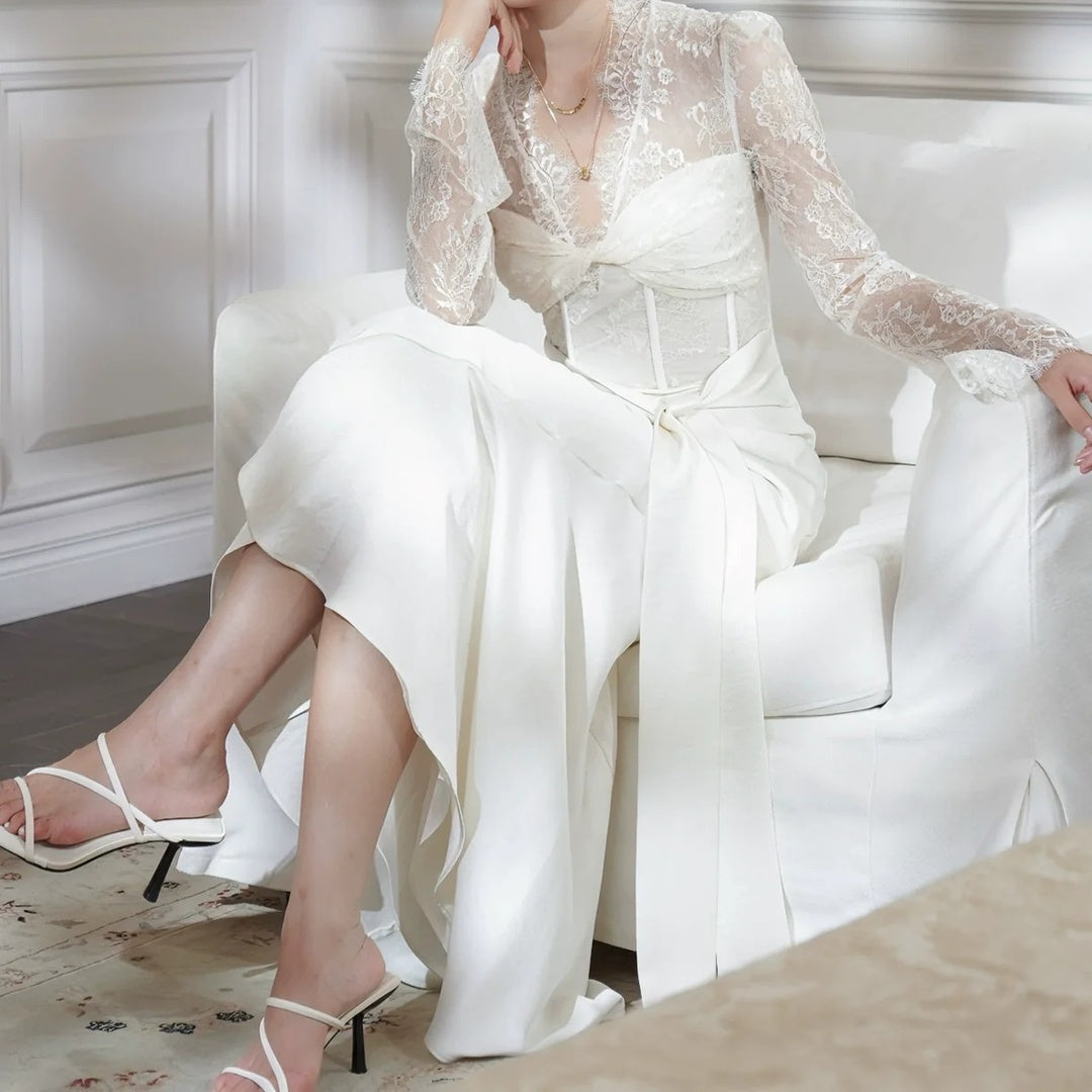 French Satin Long Sleeve Mermaid Gown Dress