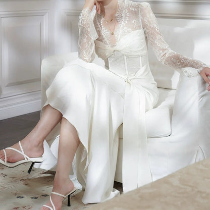 French Satin Long Sleeve Mermaid Gown Dress