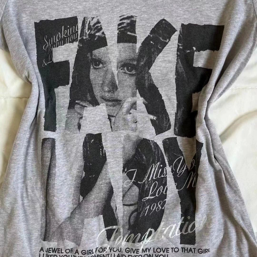 Gray Subculture Original Punk Y2K E-girl Retro V-neck Print Slim Short Sleeve Top