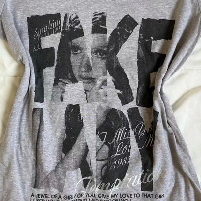 Gray Subculture Original Punk Y2K E-girl Retro V-neck Print Slim Short Sleeve Top