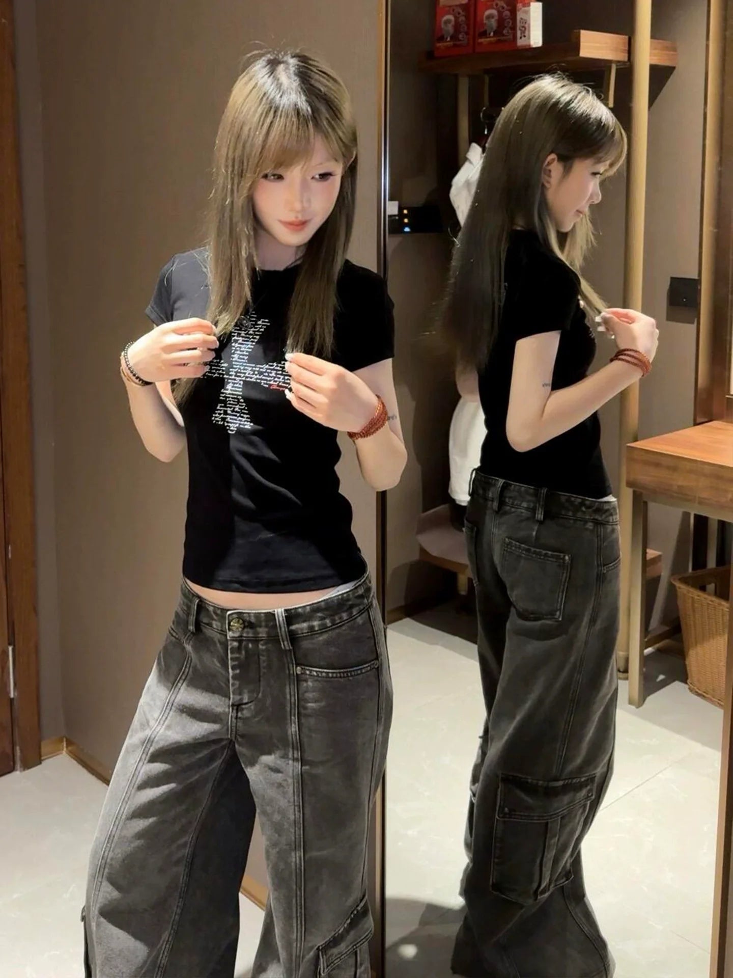 Retro Cross Print Black Tee Slim Fit Hot-Girl Vintage Top