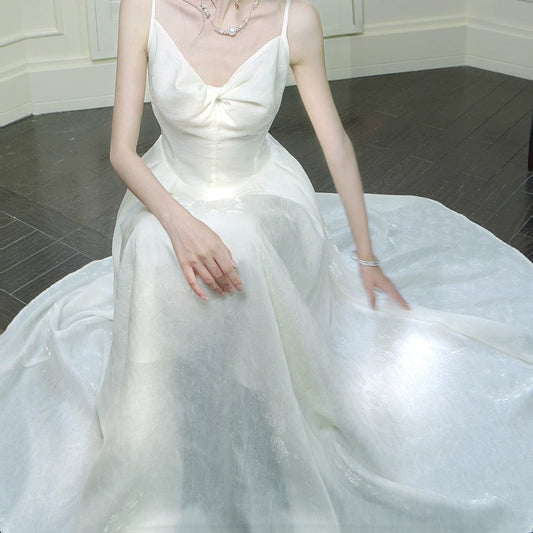 French White Floral Chiffon Halter Gown Dress