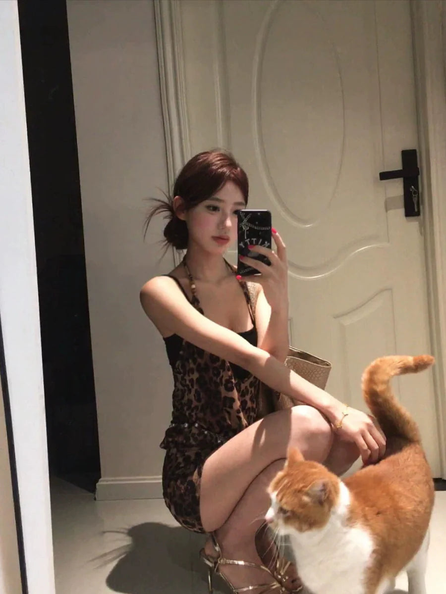 Fake Two-Piece Leopard Print Halter Spaghetti-Strap Mini Dress