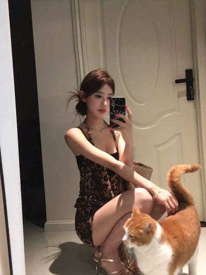 Fake Two-Piece Leopard Print Halter Spaghetti-Strap Mini Dress
