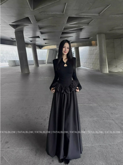 Chinese-Inspired Black Long-Sleeve Cheongsam-Style Waist-Cinched Maxi Dress