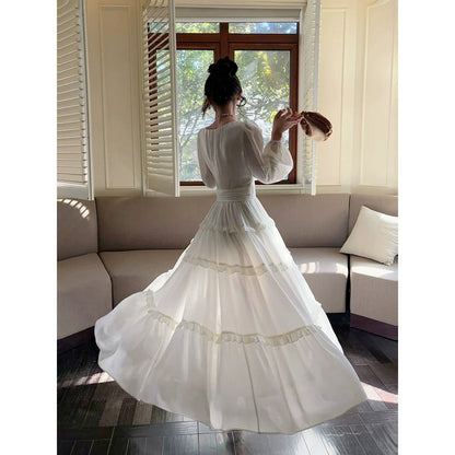 French Chiffon V Neck Ruffle Bubble Sleeve Gown Dress