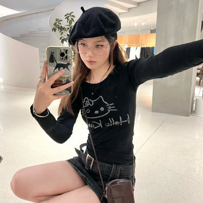 Black Subculture Y2K E-girl Hello Kitty Rhinestone Slim Versatile Short Top