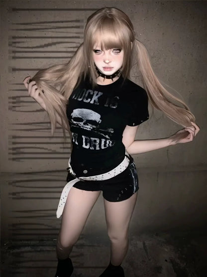 Y2K Black Skull Cropped Tee