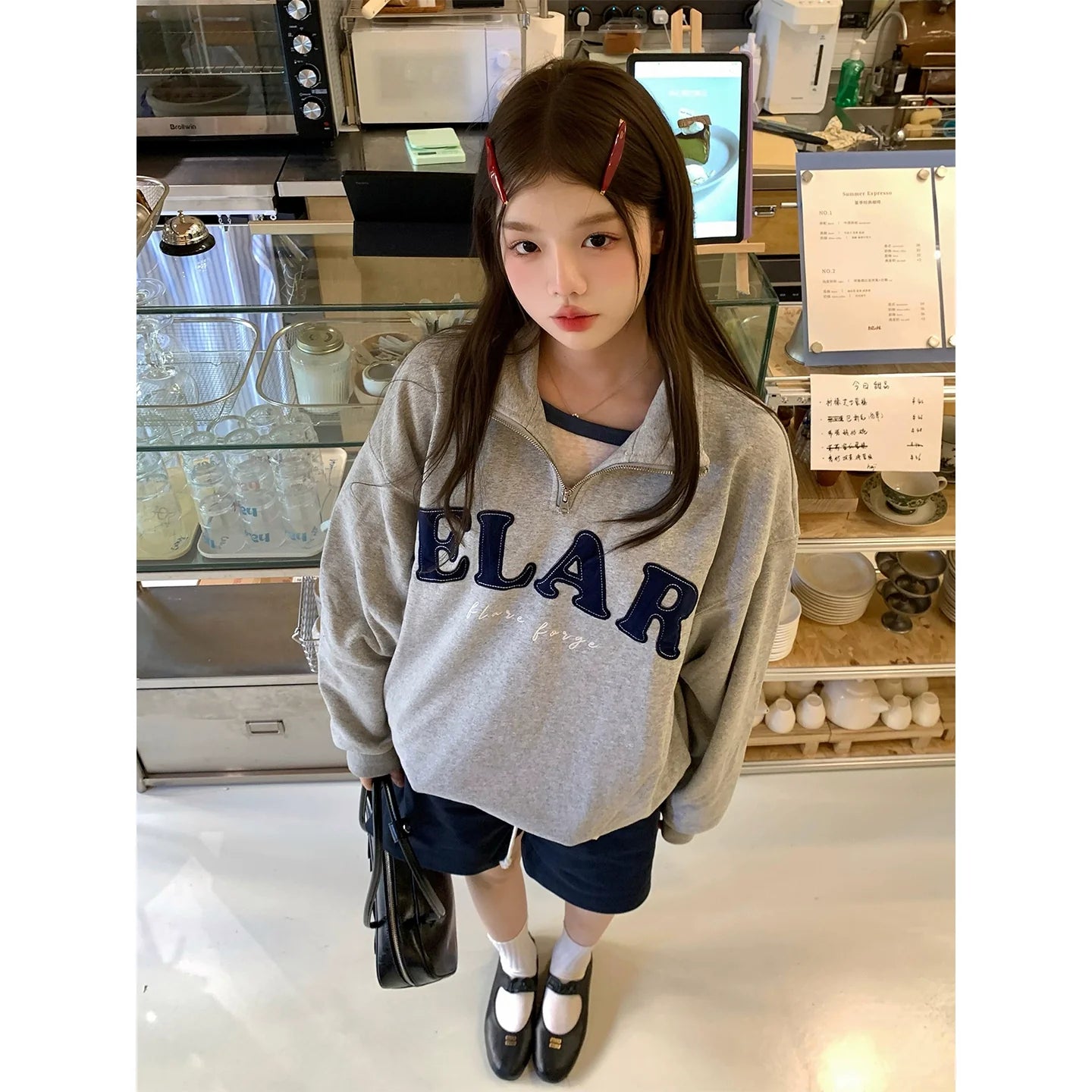 Korean Flocked Embroidery Polo Sweatshirt Heavy Half-Zip Fleece Jacket