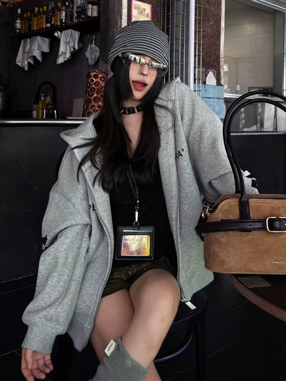 American Heavyweight Zip Hoodie Retro Letter Print Couple Goth Top