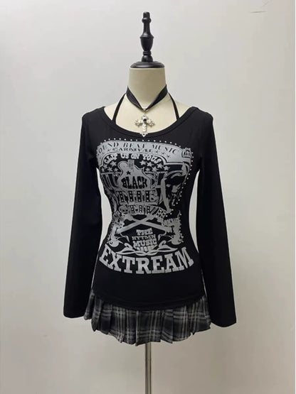 Black Gothic Vintage Print Designer Long Sleeve Y2K T-Shirt