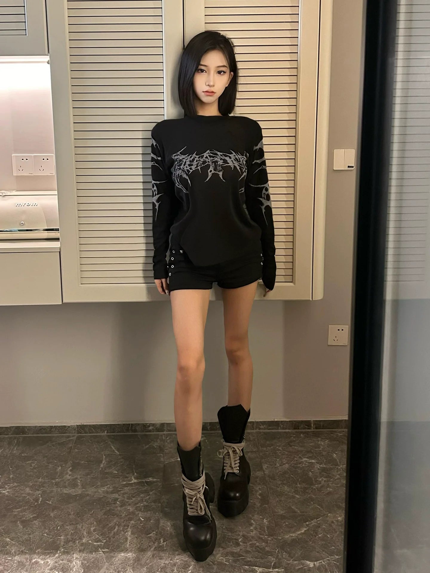 Subculture Polo Collar Long Sleeve Tee Gothic Base Layer Y2K Top