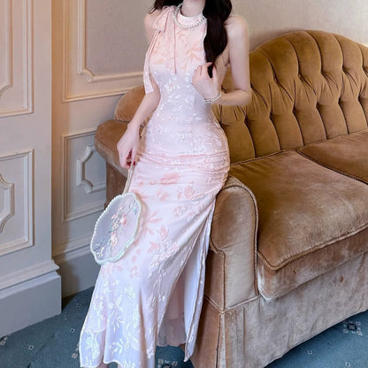 Modern Chinese Pink Jacquard Halter Gown Dress with Slit