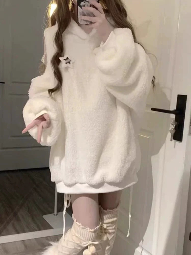 Snow White Y2K Japanese Sheep Off-Shoulder Lamb Fleece Hoodie