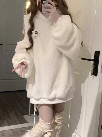 Snow White Y2K Japanese Sheep Off-Shoulder Lamb Fleece Hoodie