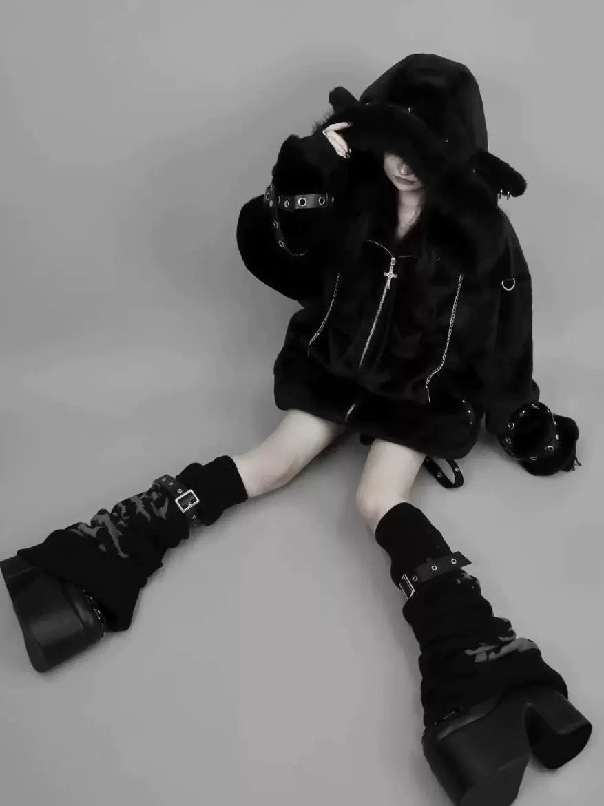 Black Subculture Dark Punk Y2K E-girl Lamb Ear Fleece Hooded Jacket