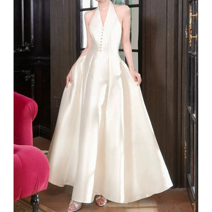 French Satin Halter Neck Waist Gown Dress