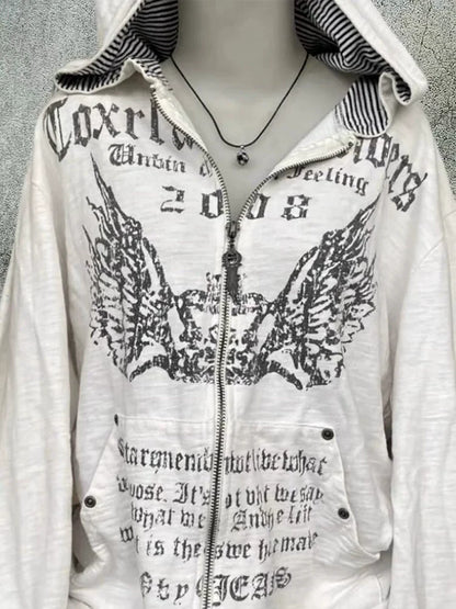 White Gray Y2K Punk Gothic Vintage Print Hoodie
