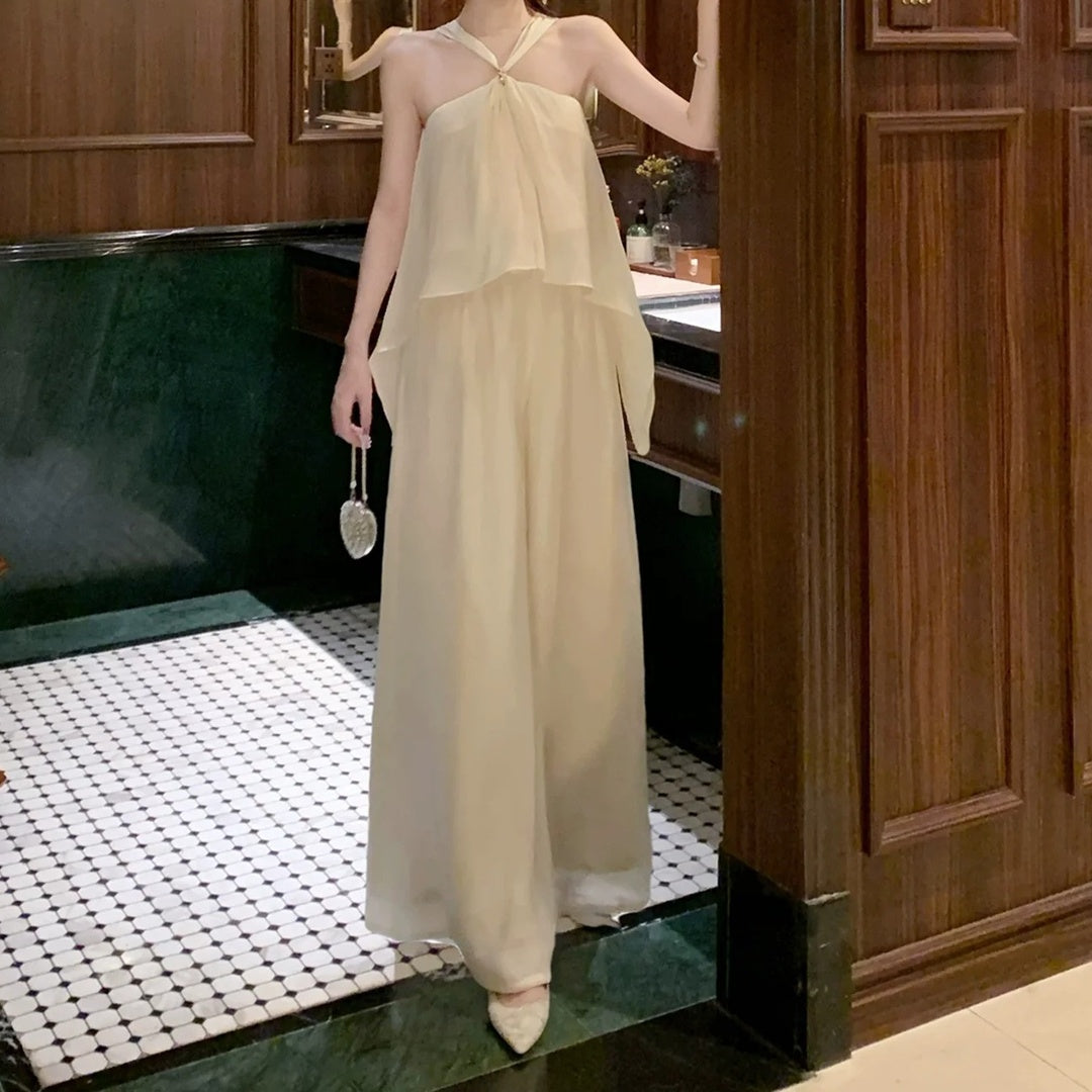 Old Money Shimmer Asymmetrical Spaghetti Strap Pants Set