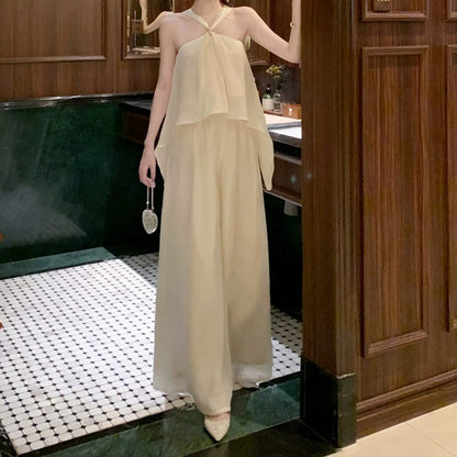 Old Money Shimmer Asymmetrical Spaghetti Strap Pants Set